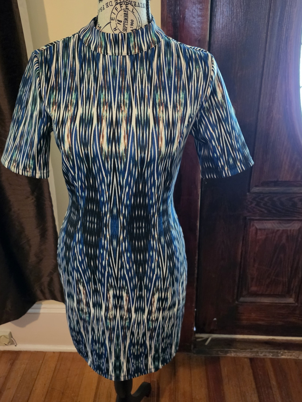 Blue Patterned Short Sleeve Sheath Dress Small